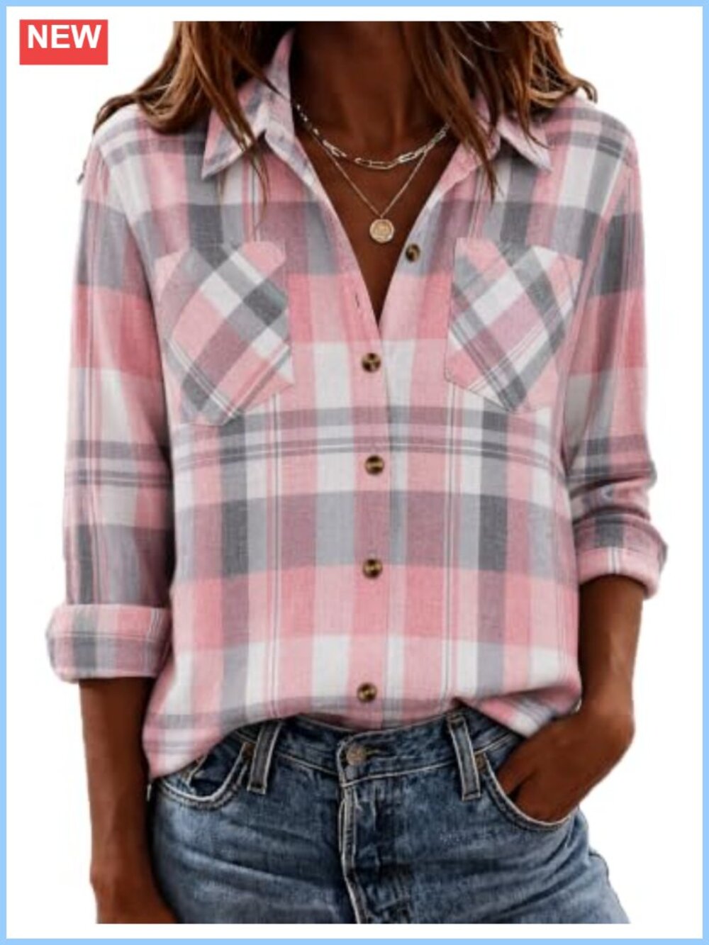 Women's Flannel Plaid Button Down Long Sleeve Shirt Cotton Blend Work Top